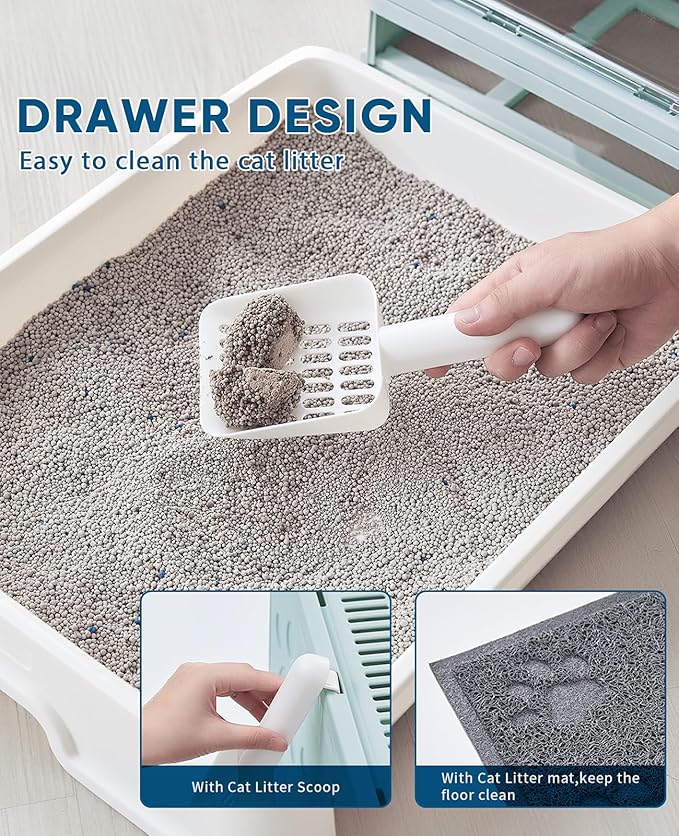 Cat Litter Box with Litter Mat and Scoop, Large Foldable Litter Box with Lid, Front Entry Top Exit Kitty Box, Odor Control, Easy to Clean (Blue)-PawvioPets