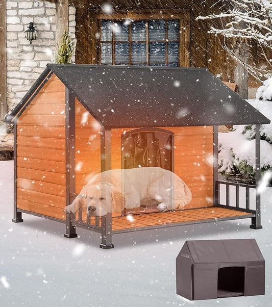 Extra Large Dog House Outdoor for Large Dogs, Insulated Dog House with Metal Frame, Waterproof Dog Shelter with Asphalt Roof, PVC Curtain & Multifunctional Patio, Indoor Outdoor Use-PawvioPets