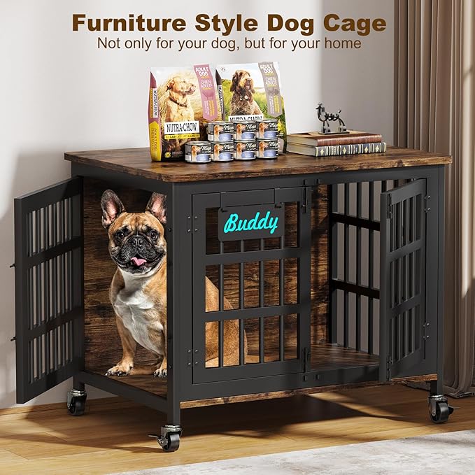 EasyCom 33"/27" Dog Crate Furniture with Name Tag, Heavy Duty Dog Kennel Indoor for Medium and Small Dogs, Double-Doors Sturdy Metal Dog Cage, Decorate House as TV Stand, End Table, Bedside Table-PawvioPets