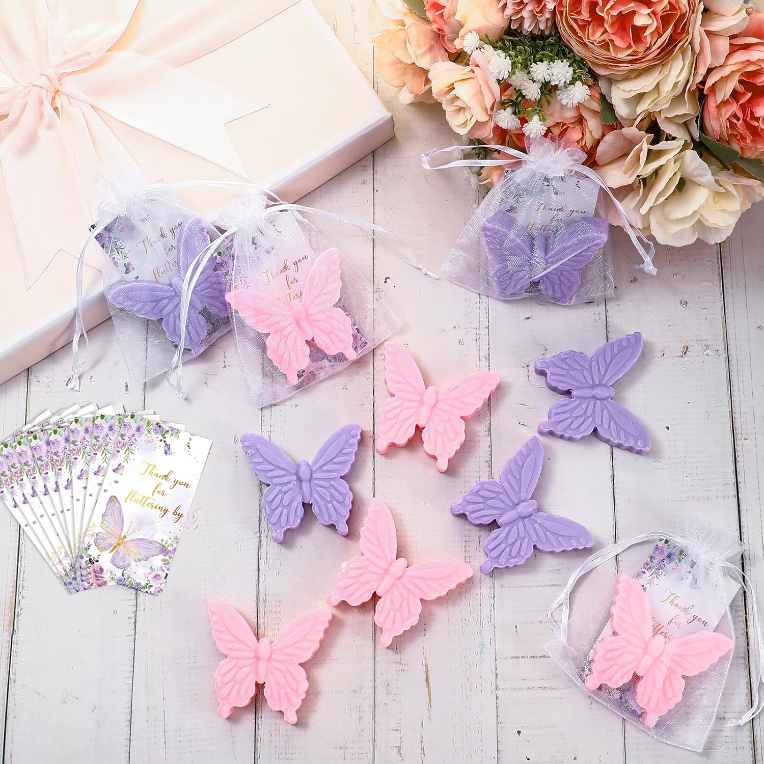 Dunzy 100 Sets Butterfly Theme Baby Shower Favors for Guests Butterfly Soap Favors with Thanks You Cards Gift Bags Gender Reveal Baptism Party Decorations Wedding Bridal Souvenirs (Purple,Pink)