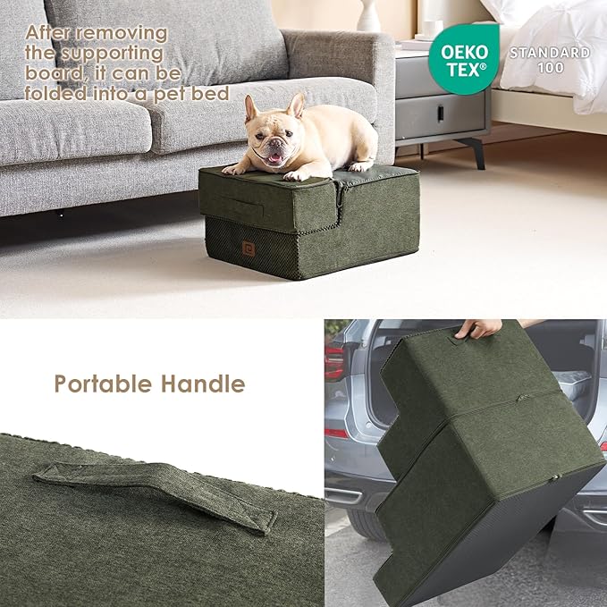 EHEYCIGA Dog Stairs for Small Dogs 13.5" H, 3-Step Dog Steps for Couch Sofa and Chair, Pet Steps for Medium Cats, Non-Slip Balanced Pet Ramp Indoor, Olive Green-PawvioPets