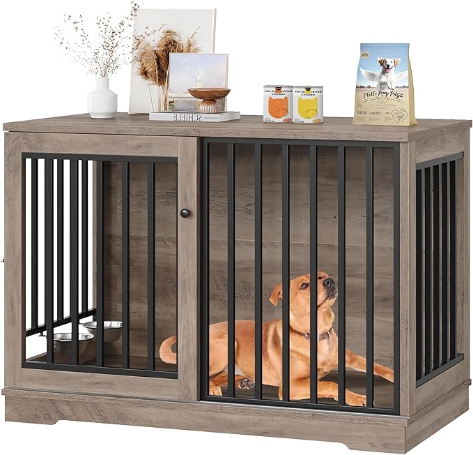 Dog Crate Furniture 47” Large Dog Kennel for Dogs Indoor, Heavy Duty Dog Cage with Sliding Door and 2 SUS Bowls Wooden End Table in Living Room for Small Medium Large Dogs, Rustic-PawvioPets