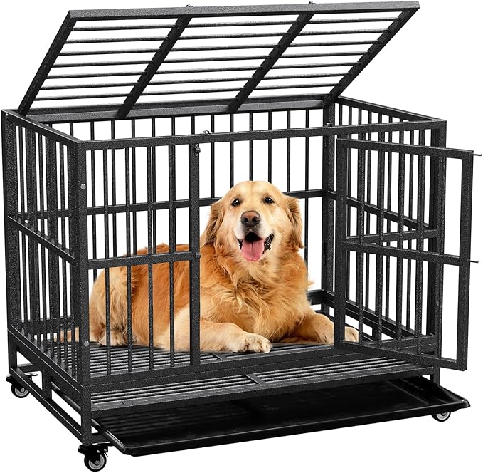 Dog Crate with Removable Tray, 37/42/46 Inch Indestructible and Escape Proof Steel Dog Cage Kennel for High Anxiety Dogs, Heavy Duty Dog Crate with Wheels, Double Door, Extra Large XL XXL-PawvioPets