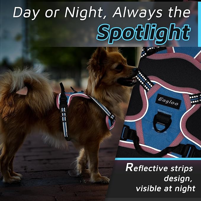 Eagloo Small Dog Harness No Pull, Service Vest with Reflective Strips and Control Handle, Adjustable and Comfortable for Walking, No Choke Pet Harness with 2 Metal Rings, Pink & Blue, XS-PawvioPets