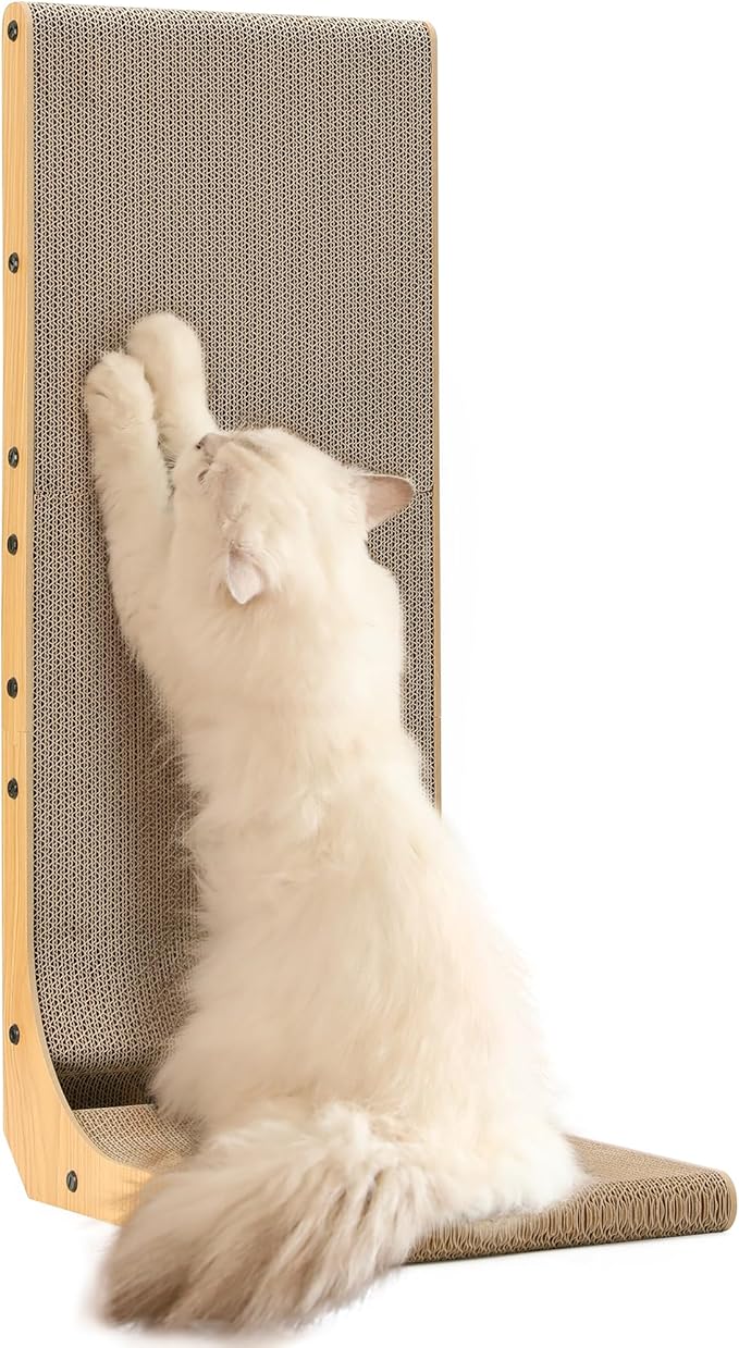 FUKUMARU Cat Scratcher, 32.7 Inch L Shape Cat Scratch Pad Wall Mounted, Cat Scratching Cardboard with Ball Toy for Indoor Cats, Extra Large-PawvioPets