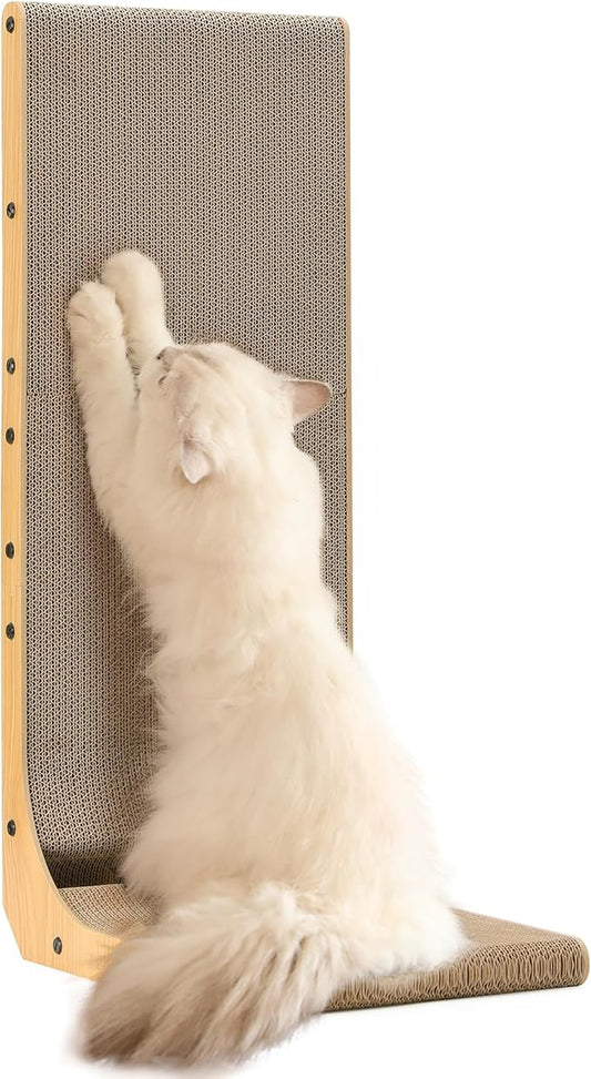 FUKUMARU Cat Scratcher, 32.7 Inch L Shape Cat Scratch Pad Wall Mounted, Cat Scratching Cardboard with Ball Toy for Indoor Cats, Extra Large-PawvioPets