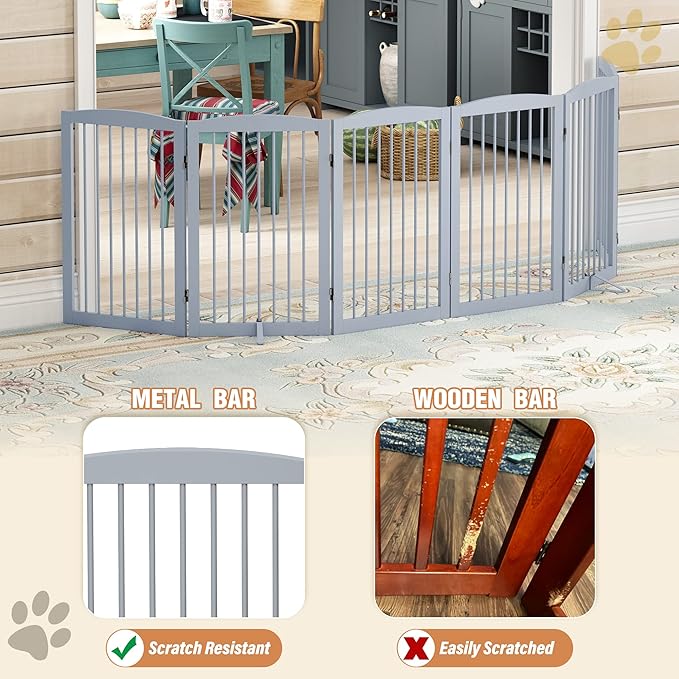 Freestanding Pet Gate for Dogs, Indoor Wooden Foldable Dog Gate for House, Extra Wide, Pet Fence for Stairs, Doorways, Halls, Support Feet Included, 120 Inch Wide, 6 Panels 32",Grey-PawvioPets