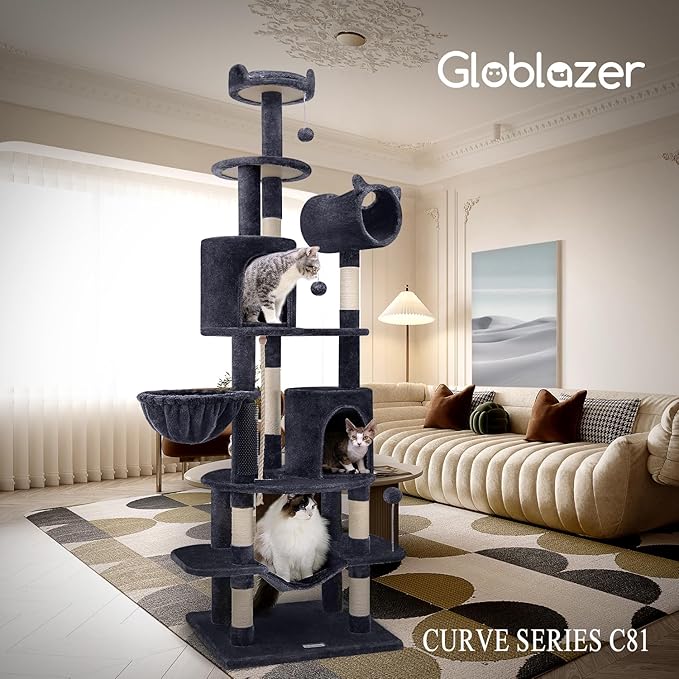 Globlazer Artistic Curved Cat Tower for Small Cats (Under 12 lbs), 81-inch Slim Design Cat Tree with Space-Saving Design, Indoor Cat Condo with Hammock & Tunnel, C81, Dark Gray, Non-Large Cats-PawvioPets