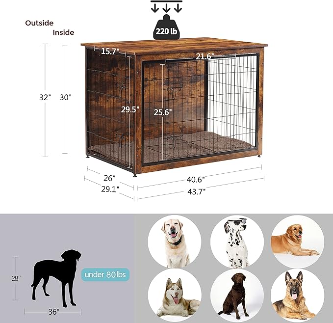 DWANTON Dog Crate Furniture with Cushion, Wooden Kennel Table with Double Doors, Indoor Dog House, Extra Large Size, 43.3" L, Rustic Brown-PawvioPets