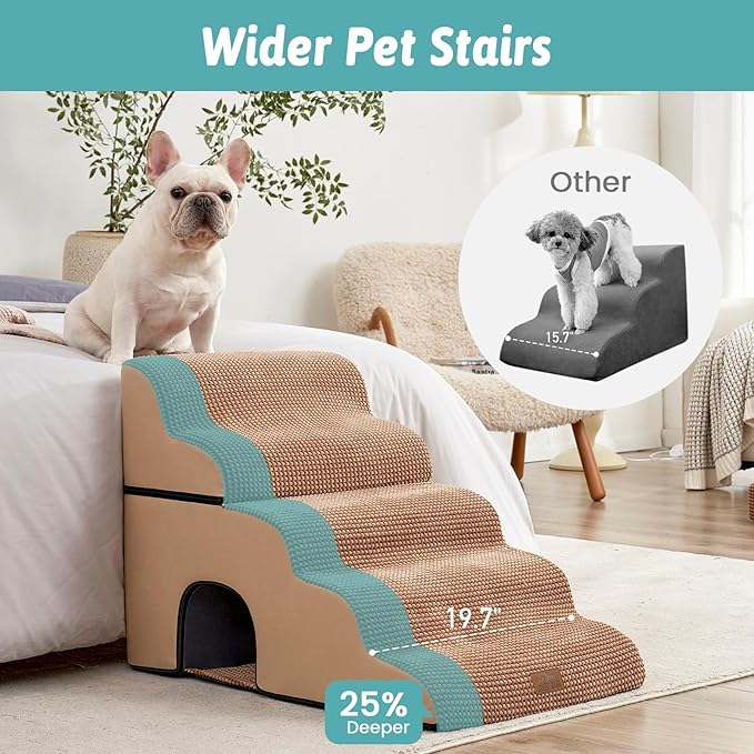 Extra Wide Dog Stairs with Tunnel, Detachable Large Pet Step for Small Medium Dog, Puppy or Cat, Ramp for High Bed, Couch, Sofa or Car, Stable, 19.7x33x22.4 inch, 5 Step, Light Brown-PawvioPets