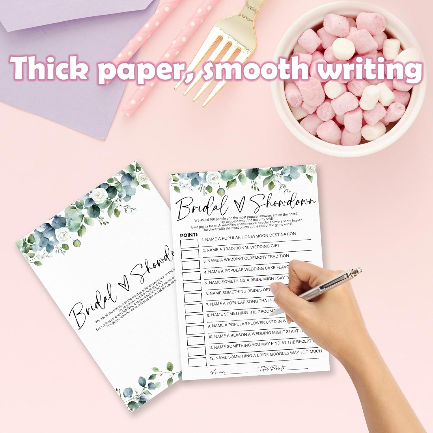 Bridal Showdown - Botanical Bridal Shower Game Cards - 50 Pcs Eucalyptus Leaves Game Cards - Funny Wedding Party Games for Bride & Groom - Activities for Bachelorette Party - A05