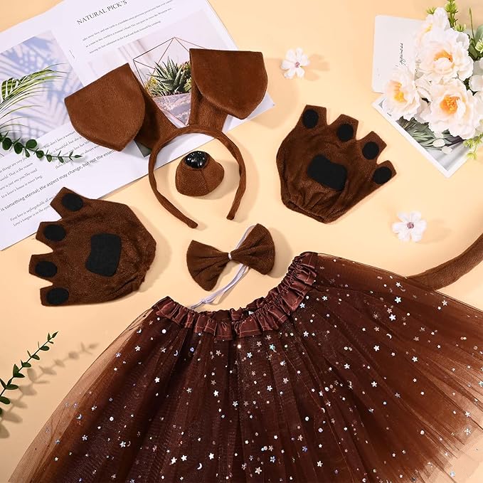 6 Pcs Puppy Costume for Women Include Dog Ears Headband,Bow Tie Tail Nose Paw Gloves and Tutu Skirt for Halloween-PawvioPets