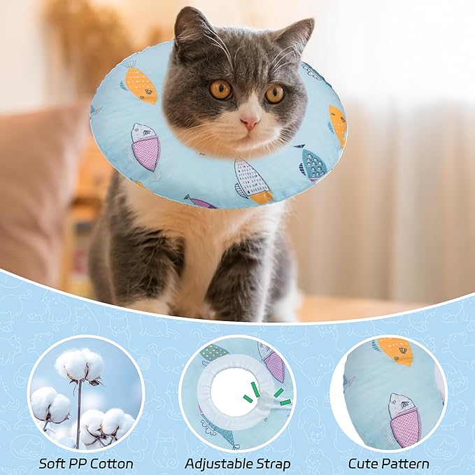 Cat Cone Collar Soft, Kitten Spay Soft Cones to Stop Licking, Cat Neck Donut Pillow After Surgery, Kittens Protective Collar After Spay, Cute Recovery Cone for Cats (Blue Fish, Small)-PawvioPets