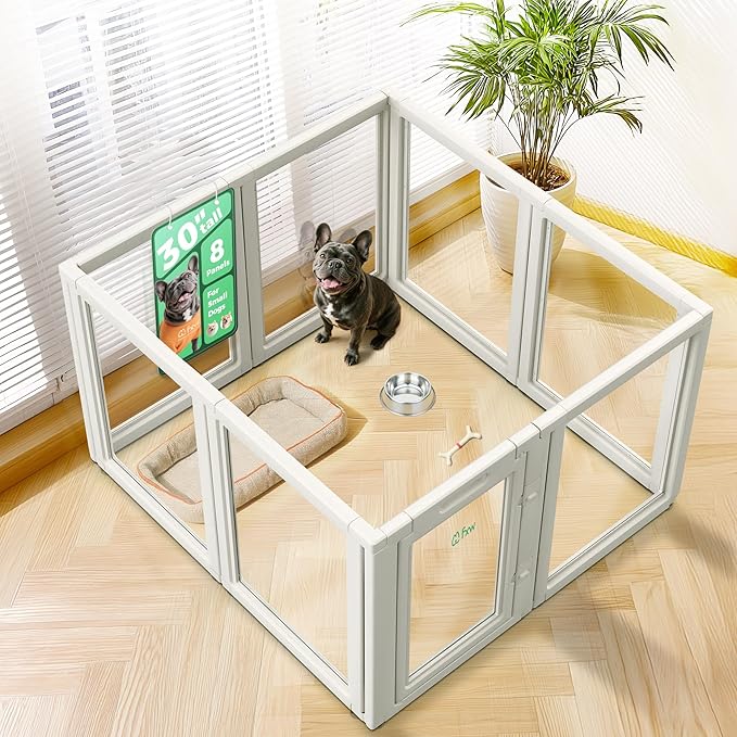 FXW AuraSpace Acrylic Indoor Unleashed Dog Playpen for Small and Medium Dogs, 30 Inch, 8 Panels, White-PawvioPets