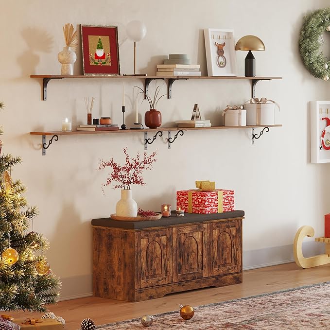 DINZI LVJ Shoe Bench, Entryway Storage Bench with Doors, Cushion, 2-Tier Shoe Rack with 6-Cubby, 39.4”L x 13.8”W Shoe Organizer Cabinet, Adjustable Shelf, Living Room, Bedroom, Rustic Brown-PawvioPets