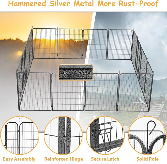 Dog Playpen, Outdoor Dog Fence, 16 Panels, 40" H Dog Pen for Medium/Small Dogs, Heavy Duty Metal Pet Fence with Gate, Portable Dog Fence for RV Camping and Yard (Black)-PawvioPets