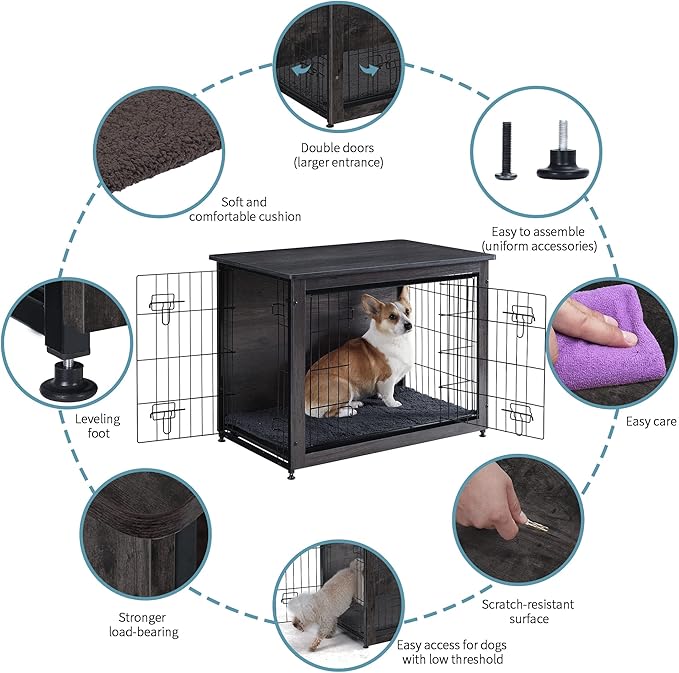 DWANTON Dog Crate Furniture with Cushion, Wooden Kennel Table with Double Doors, Indoor Dog House, Medium Size, 32.5" L, Dark Gray-PawvioPets