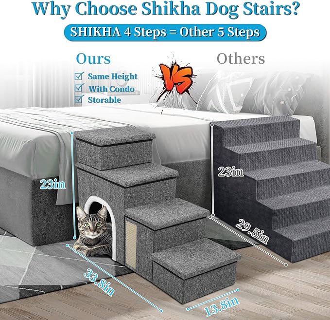 Dog Stairs for Bed and Couch 23“H, Foldable Dog Stairs for Small Older Dogs, 4 in 1 Adjustable Pet Cat Steps Ramps with Storage, Condo, Cat Scratcher, Hold Up to 180LBS, 4 Steps-PawvioPets