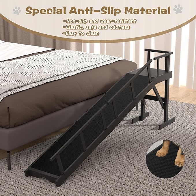 73" Dog Ramp for Bed, Pet Ramp with Removable Side Rail and Non-Slip Surface, Pet Ramp for Small & Large & Senior Dogs with Rest Platform and DIY Glow Strips,Dog Stairs for Couch, Black-PawvioPets