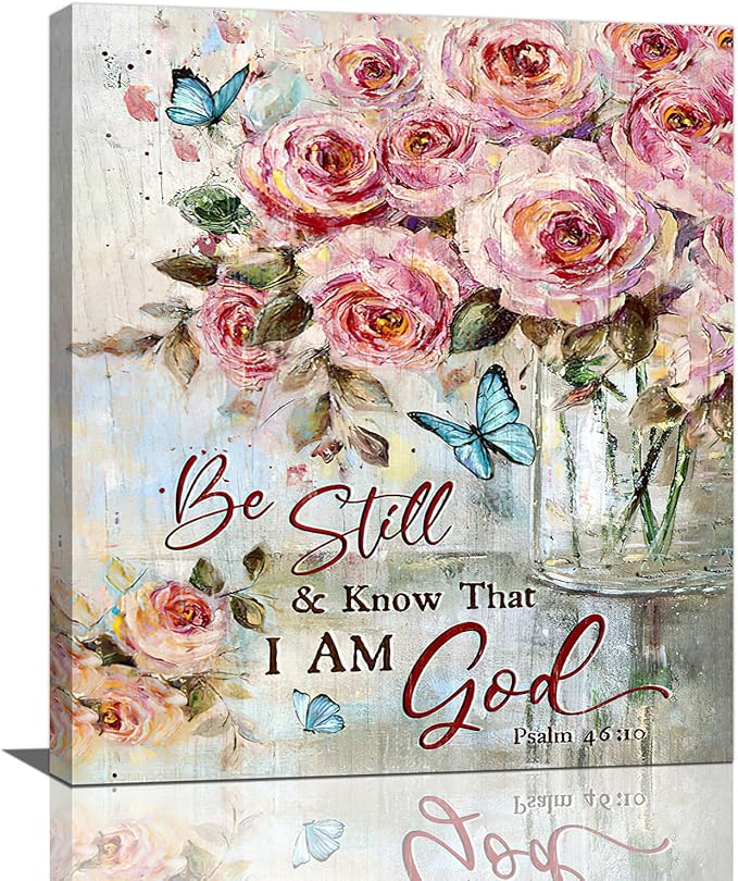 Farmhouse Rose Wall Art Christian Scripture Pictures Pink Rose Wall Decor Rustic Floral Butterfly Canvas Print Painting Artwork for Bathroom Living Room Bedroom 20"x24"-PawvioPets
