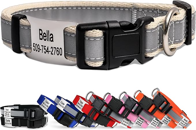 GoTags Reflective Personalized Dog Collar with Nameplate, Adjustable Dog Collar with Custom Engraved Steel Slide On Pet ID Tag, Silent, No Noise Dog Tag for Large Medium or Small (Beige, Medium)-PawvioPets