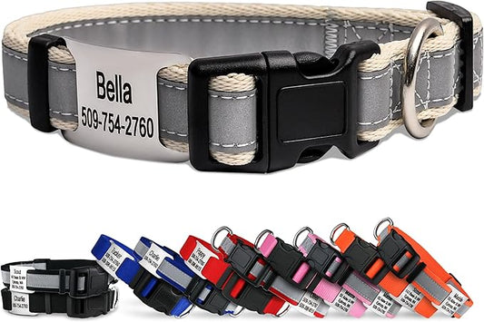 GoTags Reflective Personalized Dog Collar with Nameplate, Adjustable Dog Collar with Custom Engraved Steel Slide On Pet ID Tag, Silent, No Noise Dog Tag for Large Medium or Small (Beige, Small)-PawvioPets