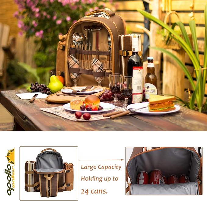 Apollo Walker Picnic Backpack Bag for 4 Person with Cooler Compartment,Wine Bag, Picnic Blanket(45"x53"),Best for Family and Lovers Gifts (Brown)-PawvioPets