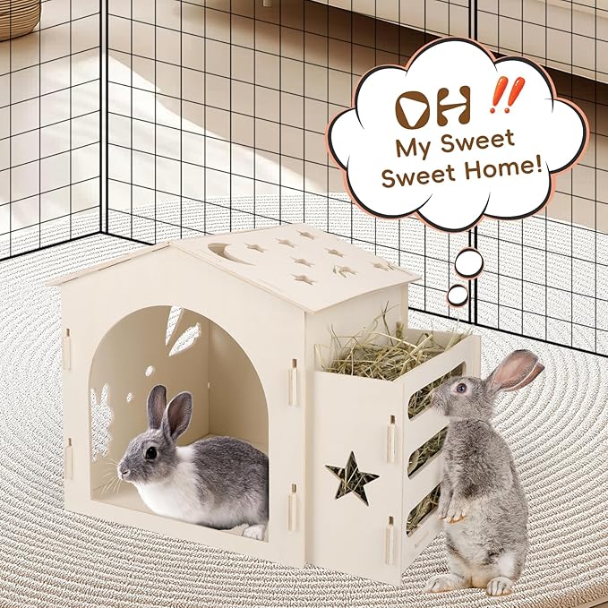 Extra Large Rabbit House & Rabbit Hay Feeder, Indoor Bunny Hideout with Feeder, Small Animal Houses & Habitats and Guinea Pig Hay Feeder-PawvioPets