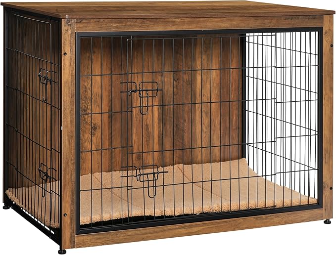 DWANTON Dog Crate Furniture with Cushion, Wooden Kennel Table with Double Doors, Indoor Dog House, Extra Large, 43.3" L, Warm Brown-PawvioPets