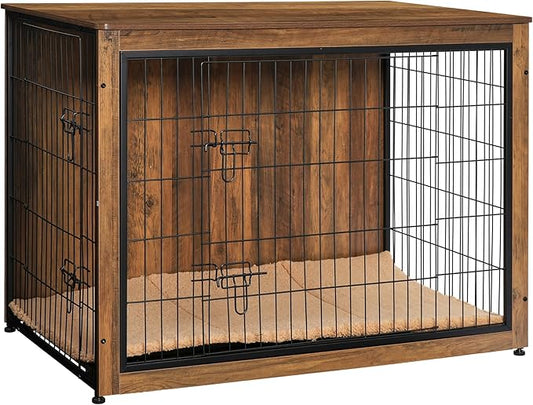 DWANTON Dog Crate Furniture with Cushion, Wooden Kennel Table with Double Doors, Indoor Dog House, Extra Large, 43.3" L, Warm Brown-PawvioPets