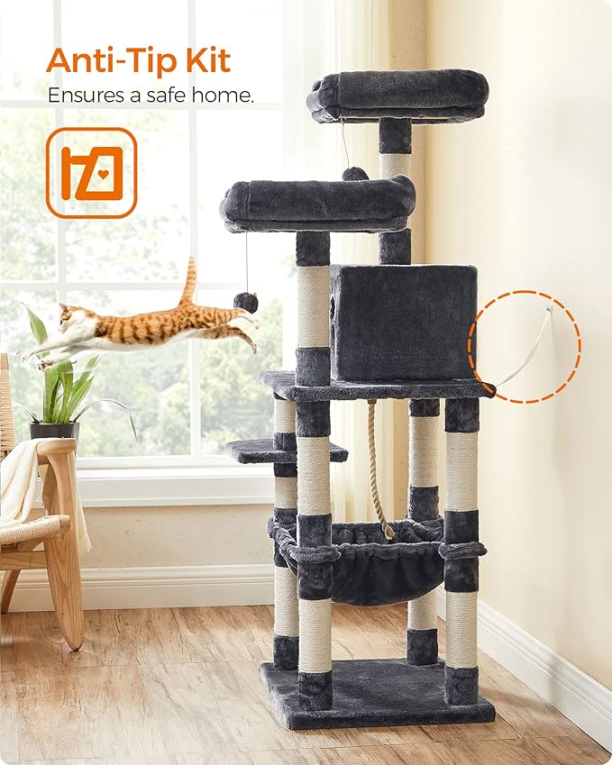 FEANDREA Cat Tree, Cat Tower for Indoor Cats, 56.3-Inch Cat Condo with Scratching Posts, Hammock, Plush Perch, Smoky Gray UPCT15GYZ-PawvioPets
