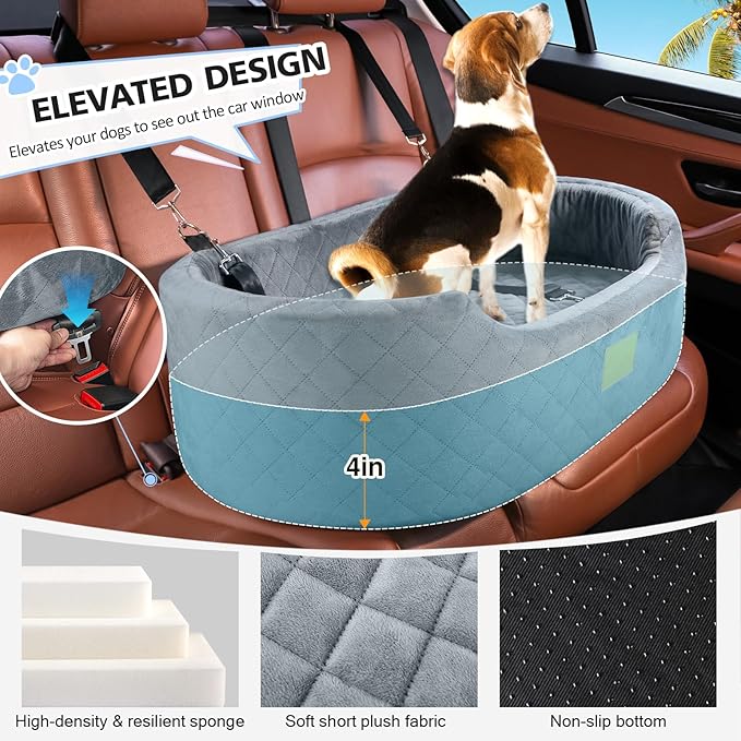 Dog Car Seat for Medium & Large Dogs up to 55 lbs, Elevated Booster Seat with Anti-Slip Base, Detachable & Machine-Washable Pet Car Bed for SUV/Sedan (Gray)-PawvioPets