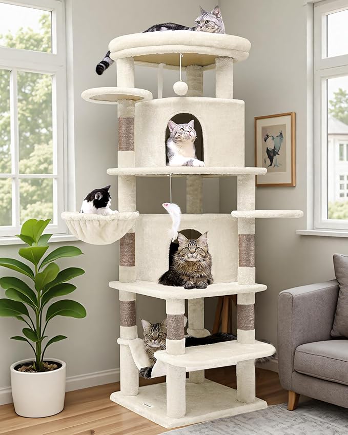 Globlazer Corner Cat Tree Tower for Large Cat, 66inch Tall Large Cat Tree Condo for Multiple Indoor Cats with 6 Scratching Posts, 2 Spacious Cat Condos, Soft Hammock, Hanging Basket, C66, Light Beige-PawvioPets