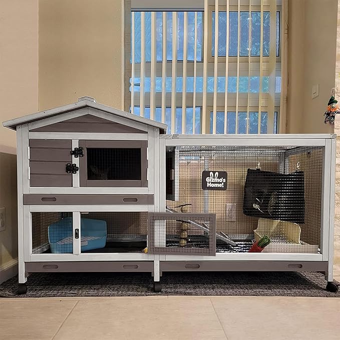 Aivituvin Rabbit Hutch 62" Rabbit Cage Indoor Outdoor Chicken Coop Guinea Pig Cage on Wheels Bunny Cage with 3 Deep No Leakage Pull Out Tray,Waterproof Roof (Brown)-PawvioPets