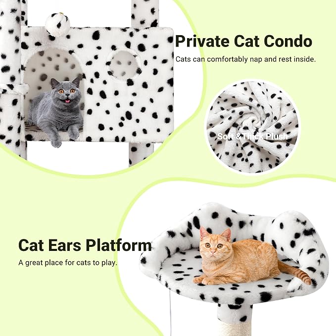 Allewie 64 Inches Cat Tree Tower/Multi-Level Activity Center for Indoor Big Felines/2 Plush Condos/2 Perchs/Basket/House/Sisal Scratching Posts/Hanging Cat Toys/White & Black Spot-PawvioPets