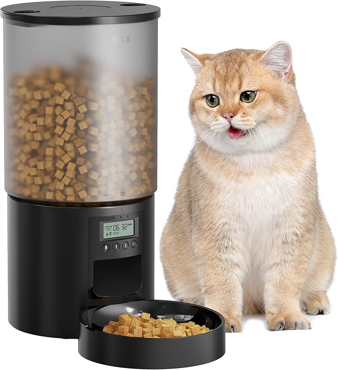 Automatic Cat Feeder Food Dispenser: 6L Timed Small Dog Dry Food Dispenser with 10s Voice - Distributeur Nourriture Chat Hund Programmable - Auto Pet Feeder with 1-6 Meals Black-PawvioPets