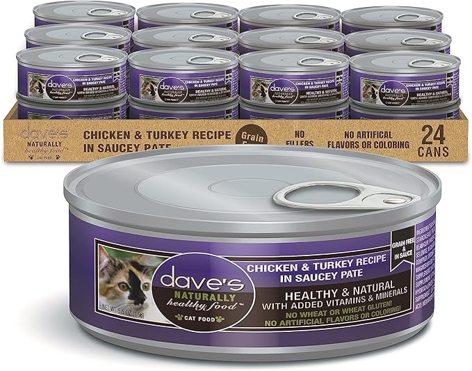 Dave's Pet Food Grain Free Wet Cat Food (Chicken & Turkey Saucey Pate), Naturally Healthy Canned Cat Food, Added Vitamins & Minerals, Wheat Free, 5.5 oz (24 Pack)-PawvioPets