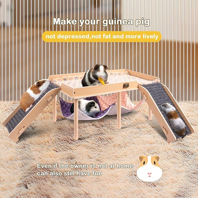 Enlarged Guinea Pig Hammock with Platform and Stairs,Wooden Foldable Piggies Hideout for Guinea Pigs Bunny Ferret Hamster Hiding Sleeping Activities 24L x 12W x 11H in（Double）-PawvioPets
