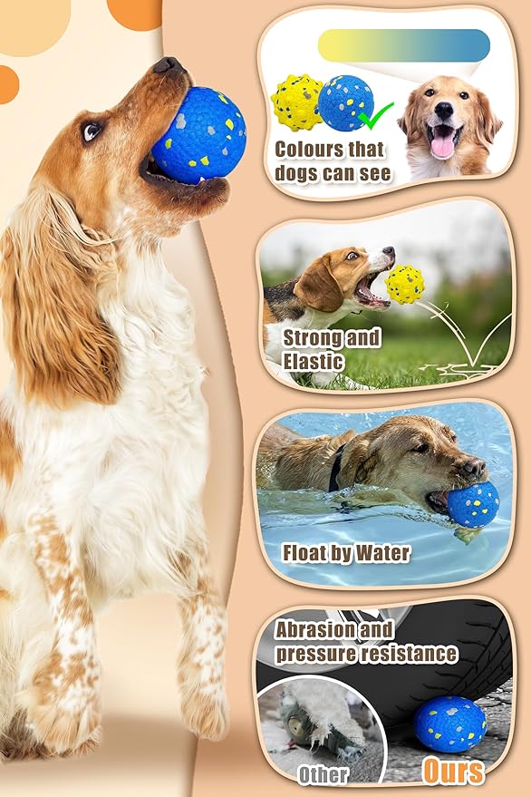 Dog Tennis Balls for Aggressive Chewers, Indestructible Durable Bouncy Interactive Toy for Dogs Fetch Game Lightweight Floating Outdoor Training(2 Yellow Point+ 2 Blue Cirle Medium)-PawvioPets