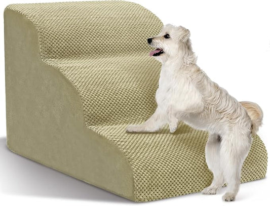 Dog Stairs for Small Dogs - High Density Foam Pet Steps, Extra Wide Dog Ramp with Non-Slip Bottom for High Beds, Couch and Sofa, Best for Dogs Injured, Older Doggy Cats,3 Steps, Camel-PawvioPets
