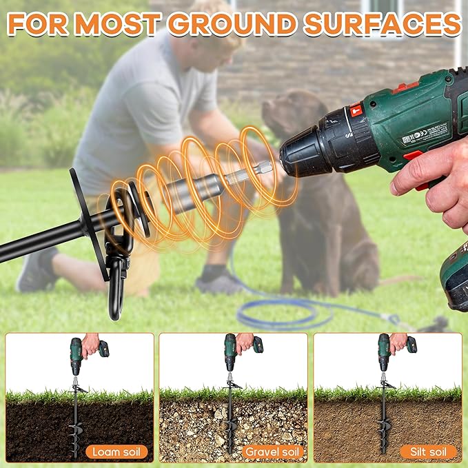 Dog Tie Out Stake, Heavy Duty 360°Swivel Dog Outside Lead Cable, Screw in Spike Auger Ground Stake Anchors with Power Nut Drill Bit, T Wrench and Leash, for Yard Camping Beach-PawvioPets