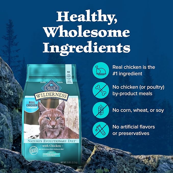 Blue Buffalo Wilderness High-Protein, Grain-Free Natural Dry Food for Adult Cats, Indoor Hairball Control, Chicken, 11-lb. Bag-PawvioPets
