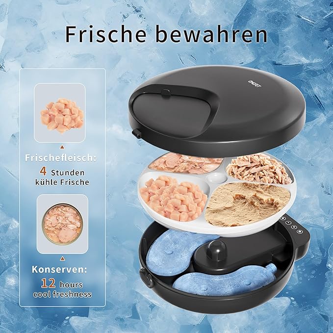 Automatic Cat Feeder Wet Food, Whisker-Friendly Automatic Cat Food Dispenser True 4-Meal Design with Locking Lid, Smart Timer Feeder for Wet Cat/Dog ，2-Ice Packs, Easy to Clean (Black)-PawvioPets