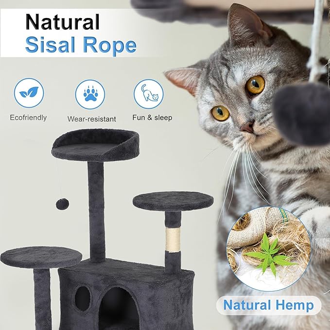 FDW Cat Tree Tower 62in Multi-Level Durable Cat Scratching Post & Cozy Fun Jumping Platform Space Saving Condo Pet Play House for Indoor Cats,Dark Gray-PawvioPets
