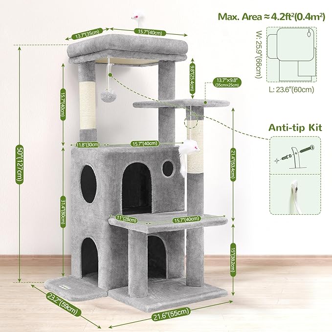 Globlazer Cat Tree Tower for Indoor Cats, 50-inch Adult Cat Tree House for Large Adult Cats with Steps, Scratching Post, 2 Cat Caves, Dangling Toys, FC50, Light Grey-PawvioPets