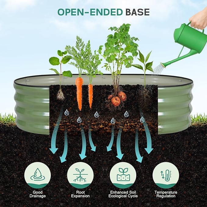 Galvanized Raised Garden Bed Outdoor - 4×2×1ft Planter Raised Beds for Gardening | Oval Metal Garden Planter Box with Safety Edging and Gloves for Vegetables Fruits and Flowers OliveGreen-PawvioPets