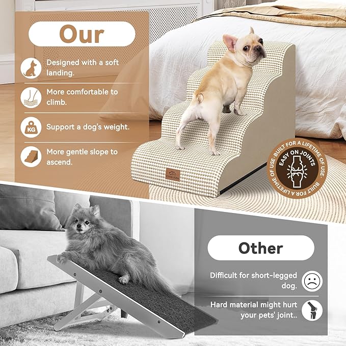 Dog Ramp and Stair for Bed 16" H-20 H,3-Step Cat Stair for Sofa and Chair,4-Step Dog Ramp for High Bed and Window,Durable Nonslip Fabric Cover for Indoor (Beige-20 H, Pet Friendly, 4)-PawvioPets