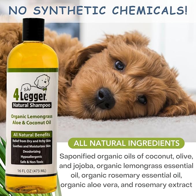 4-Legger Certified Organic Dog Shampoo - All Natural and Hypoallergenic with Aloe and Lemongrass, Soothing for Normal, Dry, Itchy or Allergy Sensitive Skin - Biodegradable - Made in USA - 16 oz-PawvioPets