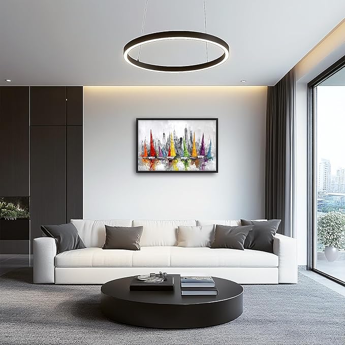 Framed Large Sailboat Wall Art for Living Room, Oversized Abstract City Wall Decor Colorful Sailboat Canvas Painting Pictures Modern Artwork for Living Room Bedroom Office Dinging Room 36"x24"-PawvioPets