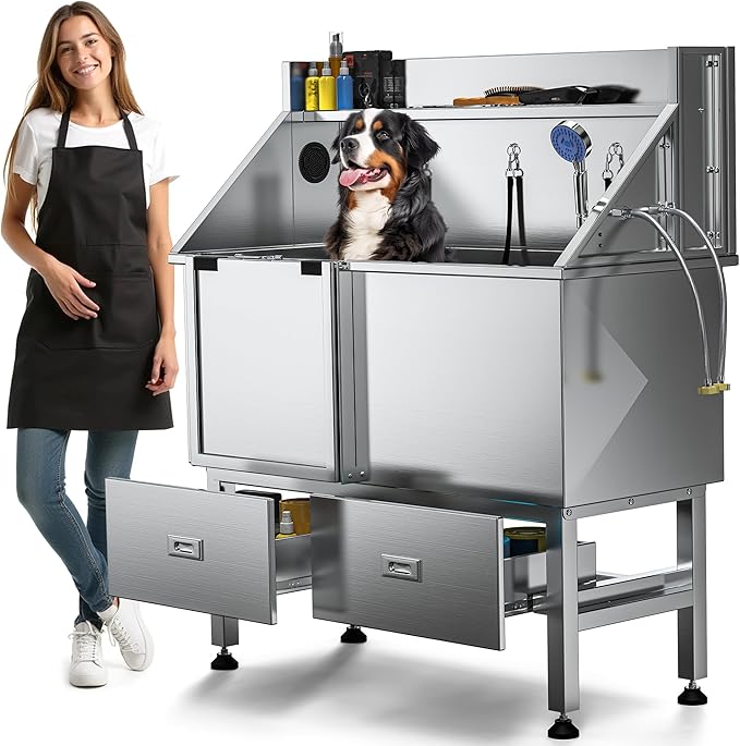 DWVO Professional Dog Bathing Station Stainless Steel 304 Pet Bathtub, 50in Dog Grooming Tub w/Right Door Ramp, 2 Storage Drawers, Grate, Pet Washing Station for Large, Medium, Small Pets-PawvioPets